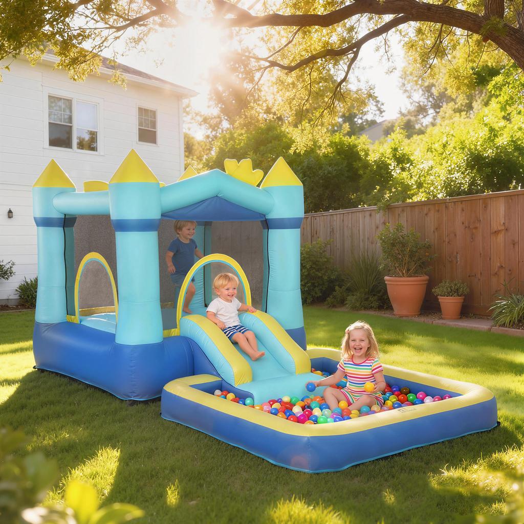 Inflatable Bounce House Play Center with Blower Slide Trampoline Splash Pool/Ball Pit Water Gun 364x173x182 Cm Blue