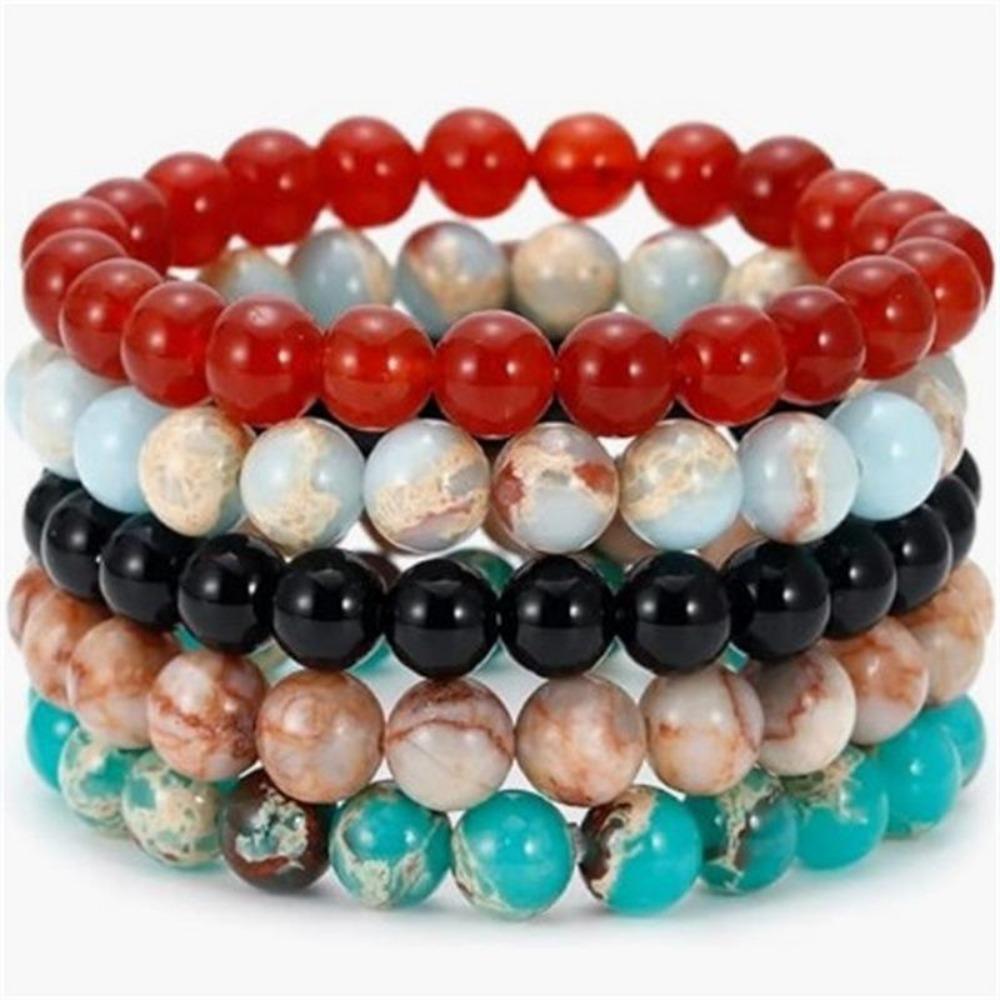 Pulseira de contas de pedra natural 5 peças, pulseira de contas de ágata, adequada para uso diário Homens Mulheres