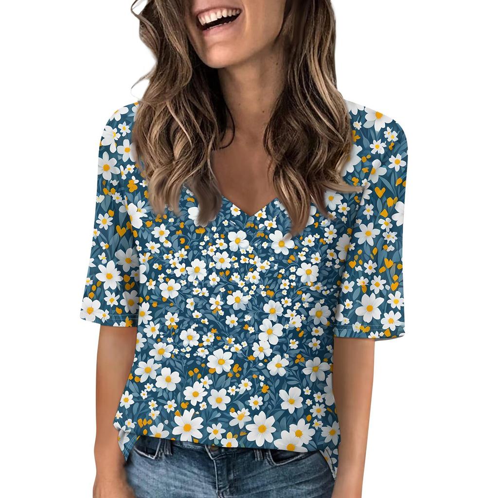 Shirts For Women Trendy V Neck T Shirts Casual Printed Blouse Half Sleeve Tops For Women
