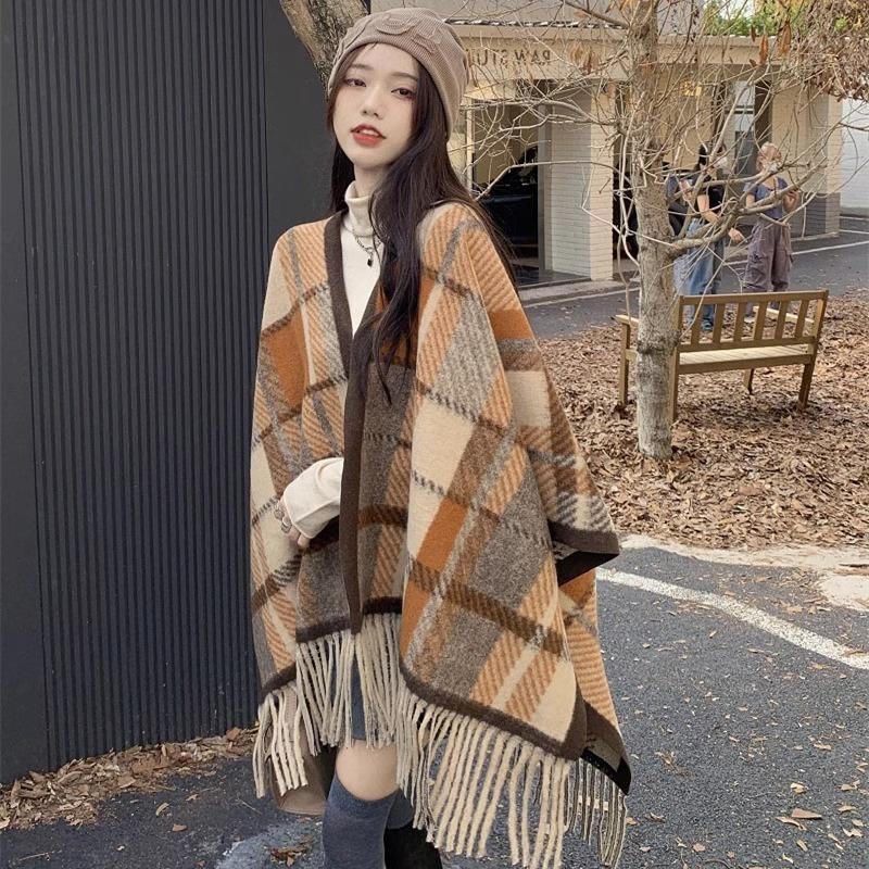 New retro plaid shawl women's high-end versatile autumn and winter imitation cashmere warm scarf thick
