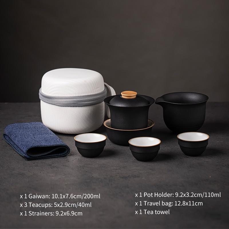 200ml Portable Storage Bag Ceramic Lid Bowl Quick Tea Cup One Pot Three Cups Tea Set