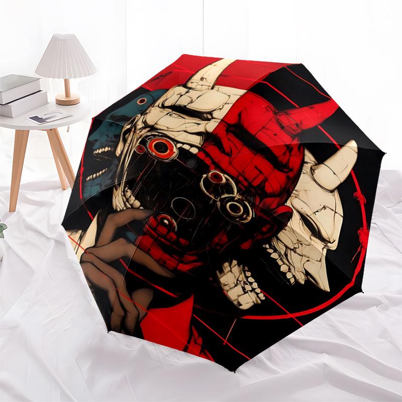 1pc Cyberpunk Mask Automatic Umbrella - 8-Rib Portable Folding Black Iron Frame for Outdoor, Beach, Travel, Beach Umbrella,018