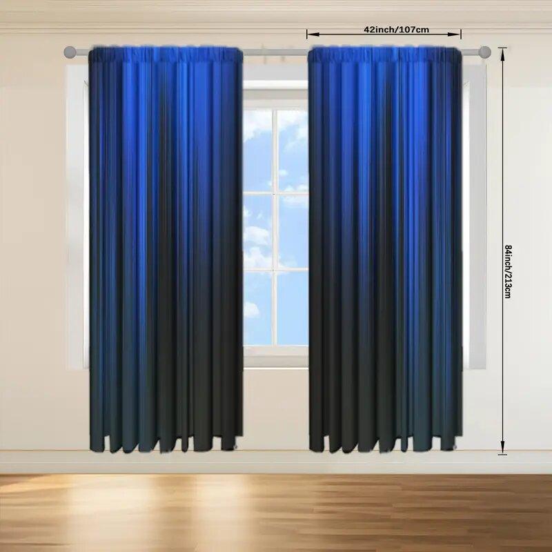 Blue Black Gradient Striped Pattern Printed Curtains Window Decoration Home Room Set Of 2 Made Polyester