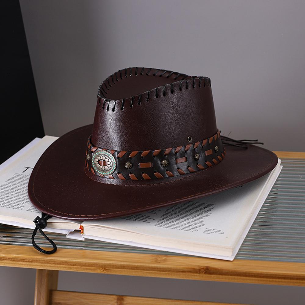 Pu Leather Cowboy Hat Lightweight Vintage Fedora Hat Wide Brim Sun Hat Adjustable For Themed Parties Hiking Music Festivals