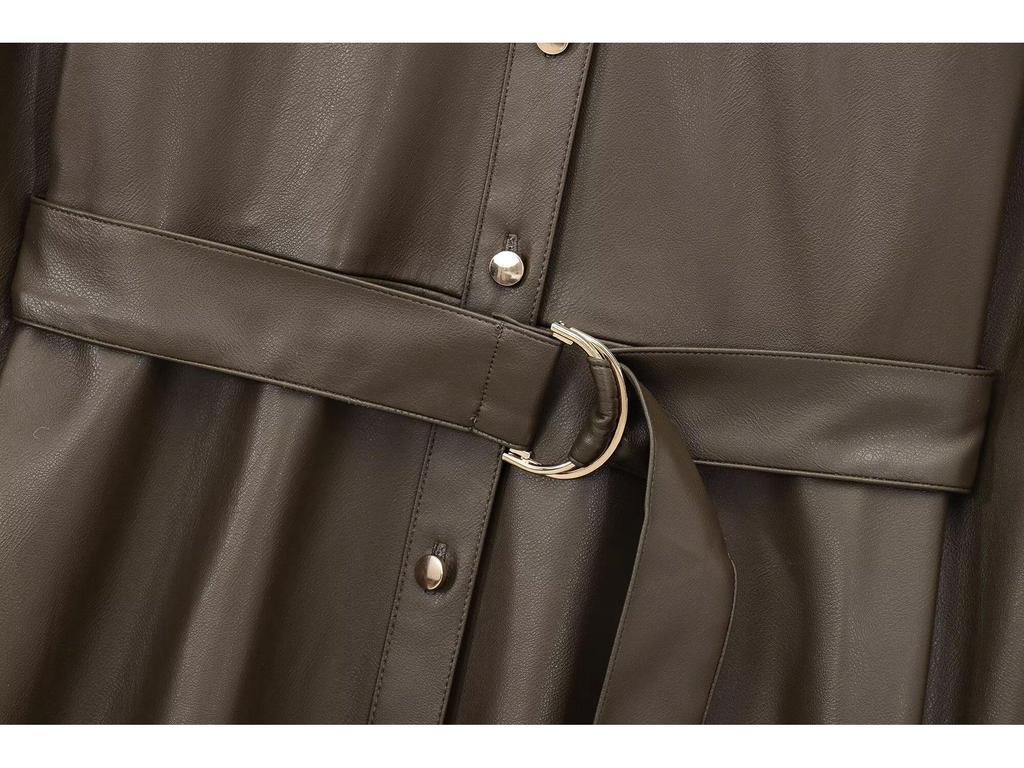 Women's 2025 Faux Leather Long-Sleeve Belted Shirt Dress – Winter Collection