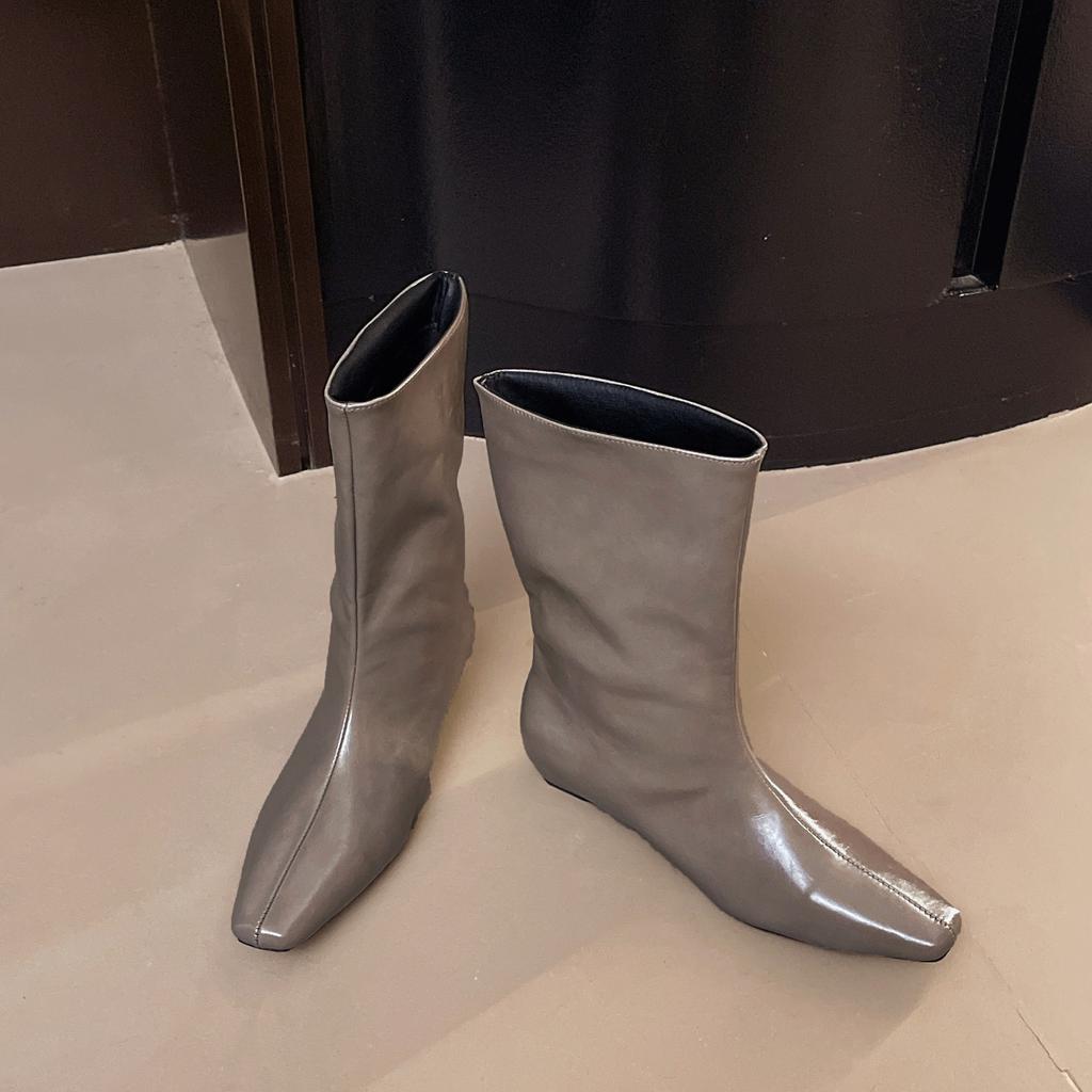 2025 Winter and Autumn Large Size Explosive Slope Heel Medium Tube Knight Boots Women's Retro Loose Versatile Sleeve Simple Square Head Low Heel