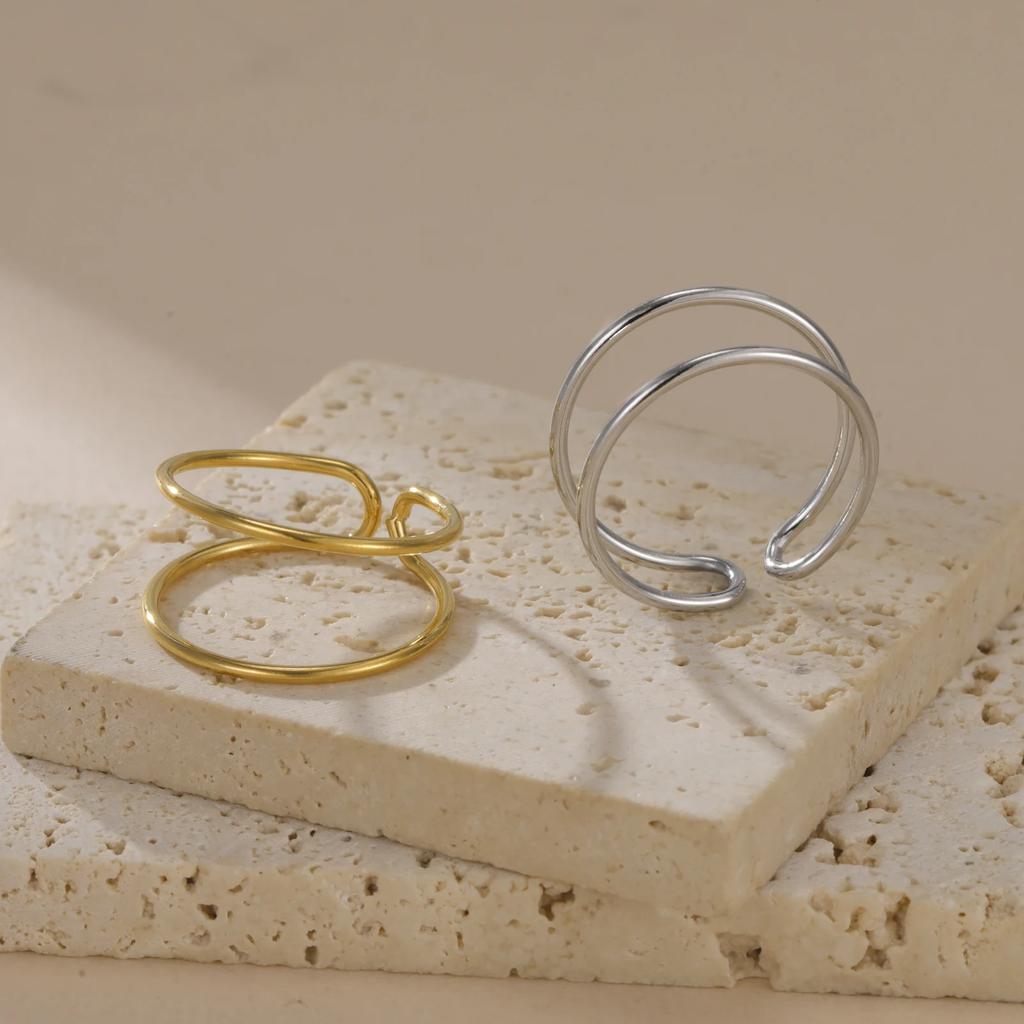 Teamer Stainless Steel Double Layer Open Rings Women Minimalist Adjustable Finger Ring Geometric Jewelry Birthday Gift Wholesale