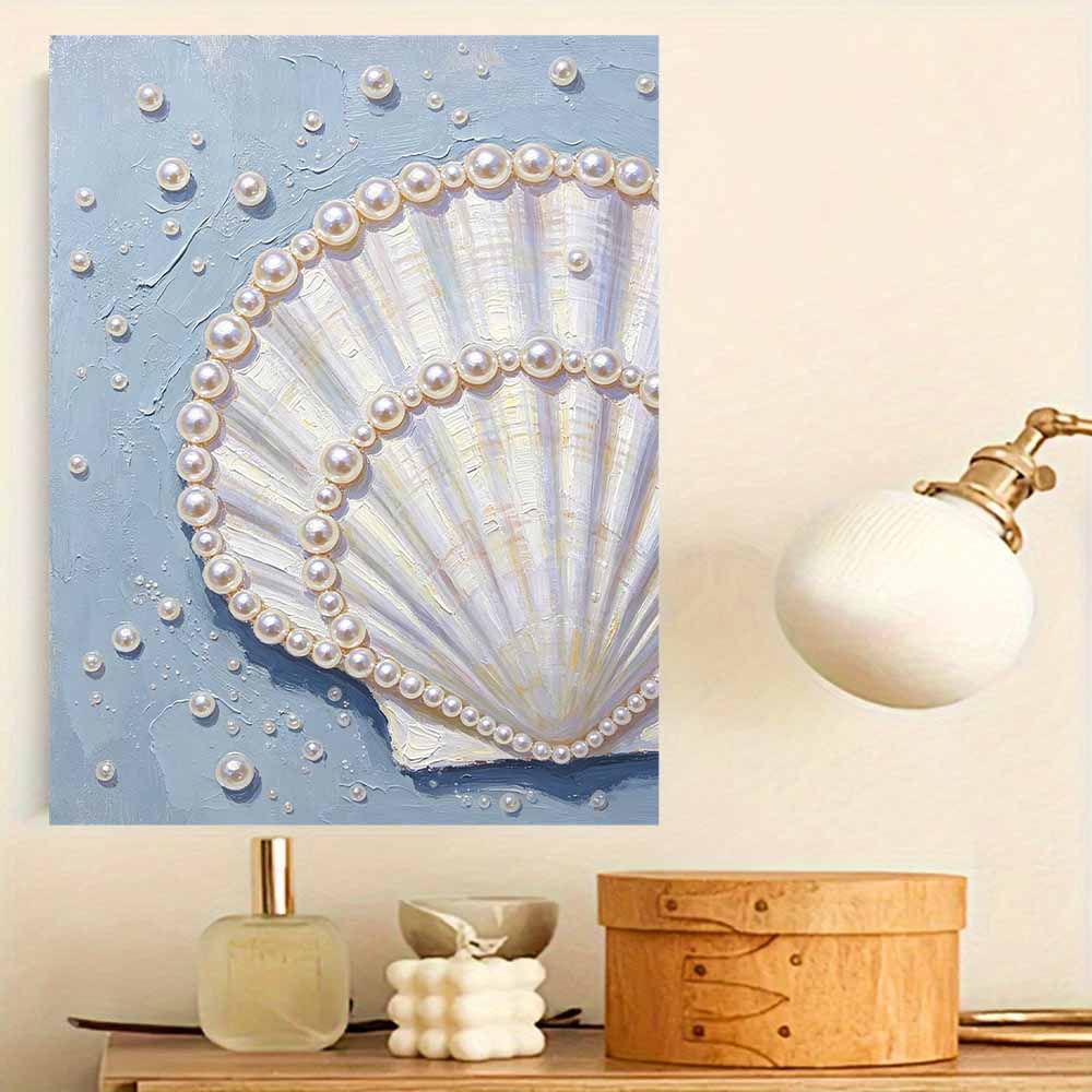 Elegant Seashell with Pearls 5D Pearl Painting Kit with Frame DIY Sparkling Bead Canvas Art Relaxing Craft for Home Wall Decor