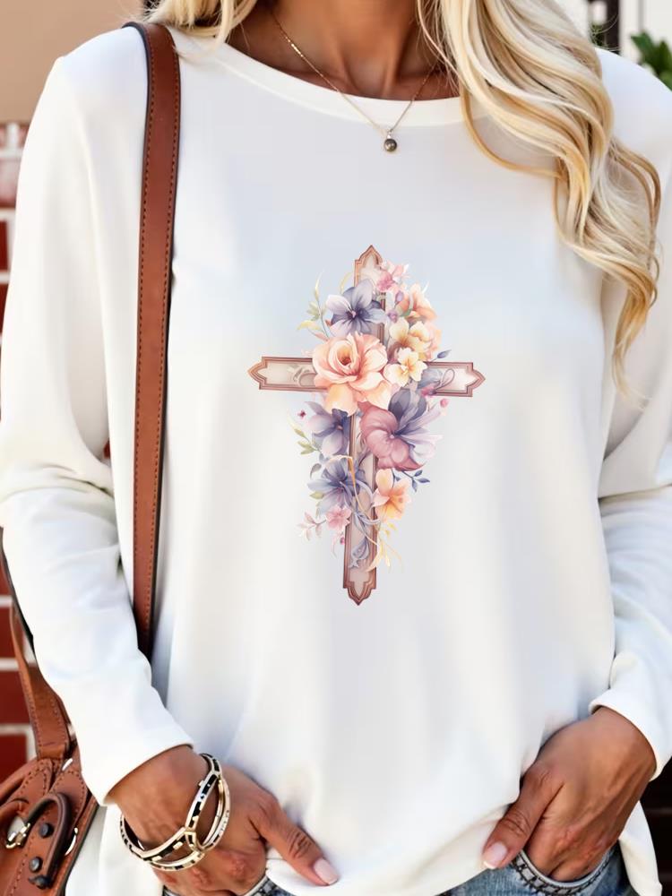 (Asian Size) faith trend flower autumn winter spring Casual Fashion Print T Shirt Tee Women Clothing Top o-neck Graphic Long Sleeve T-shirts