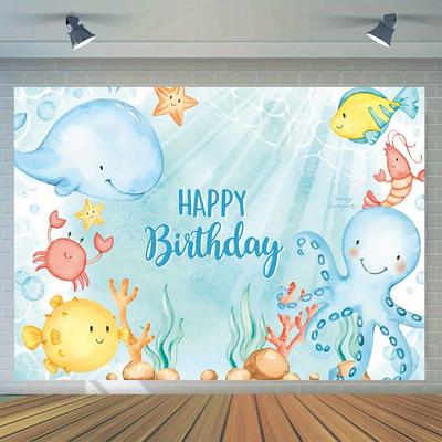 1pc, Underwater Birthday Photography Background, Cute Animals with Summer Ocean Theme, Turtle Photos, Cake Table Banner
