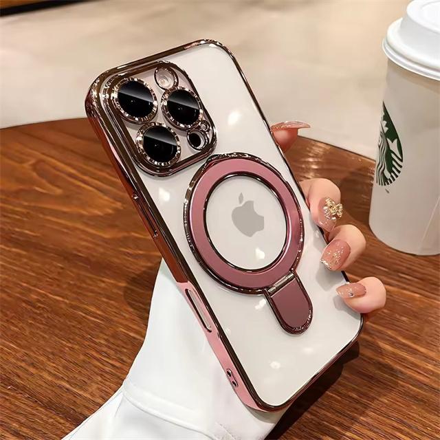 For Magsafe Bracket Plating Case For iPhone 17 16 15 13 14 Pro Max Plus Magnetic Stand Ring Holder Transparent Shockproof Cover