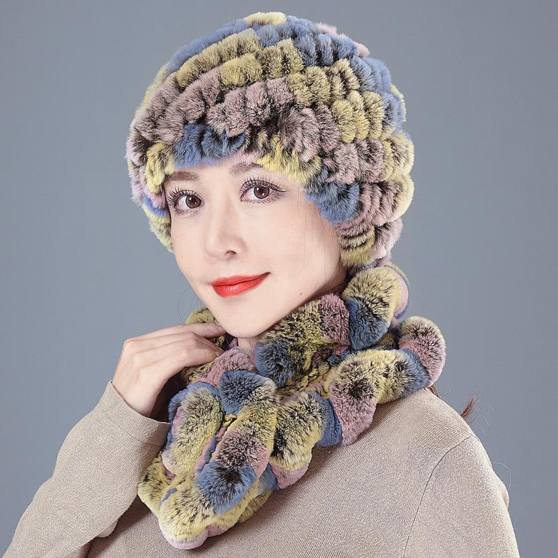 Middle-aged Rex rabbit hair hat female autumn and winter warm elderly grandmother ear protection fur mother wool scarf