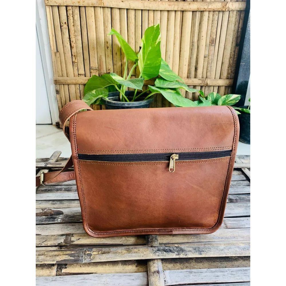 Men's Goat Leather Messenger Shoulder Handmade Leather Brown Bag ( Free Gifts Cross Body Black Bag Size - 9 X 7 X 3 In )