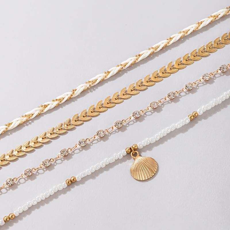 4 Pcs Personality Anklet Inlaid Shiny Rhinestones Four Layers Ankle Bracelet Summer Beach Style Foot Jewelry