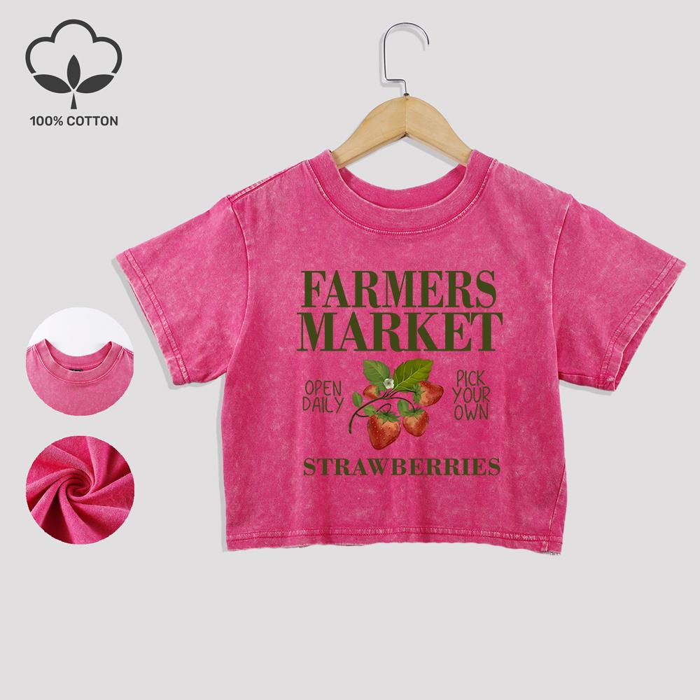 Farmers Market Strawberry Prints Cotton Washed T-Shirts Summer Lace Hem Crop Tees Regular Fit O-Neck Short Sleeve Clothes