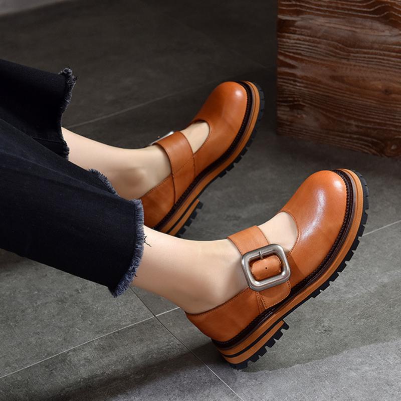 Johnature Divat sokoldalú fém csat, kerek orr, vastag talp Mary Janes cipők valódi bőr női cipők