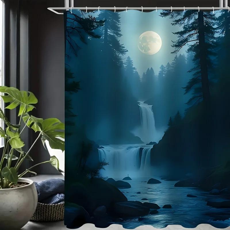 4pcs Moonlight Forest Waterfall Landscape Pattern, Apartment Bathroom, Shower Room Shower Curtain, Hotel Shower Curtain Set