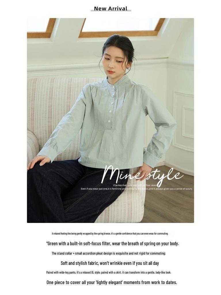 Women's Pleated Stand Collar Long Sleeve Shirt - Loose, Versatile, Elegant Design for Daily Wear