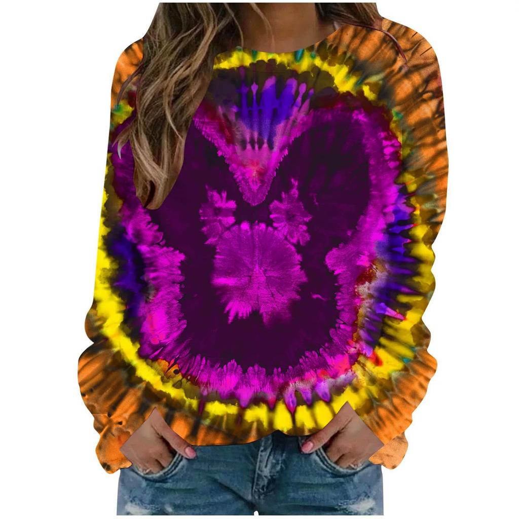 Round Neck 3D Tie Dye Rabbit Printed Top Fashionable Casual Long Sleeved Women's T-shirts