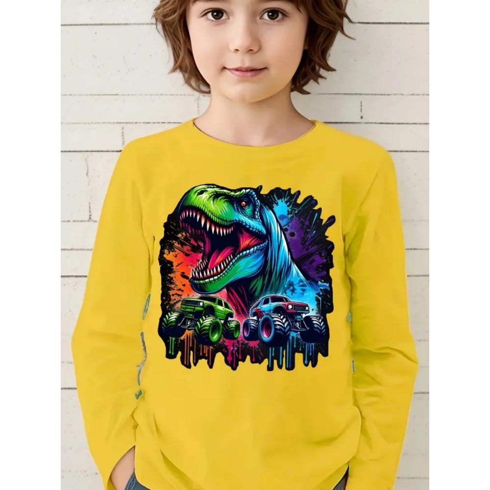 Spring and Autumn Round Neck Funny Cartoon Dinosaurs Pattern 3D Printed Top Fashionable Casual Long Sleeved Children's Boy T-shirts