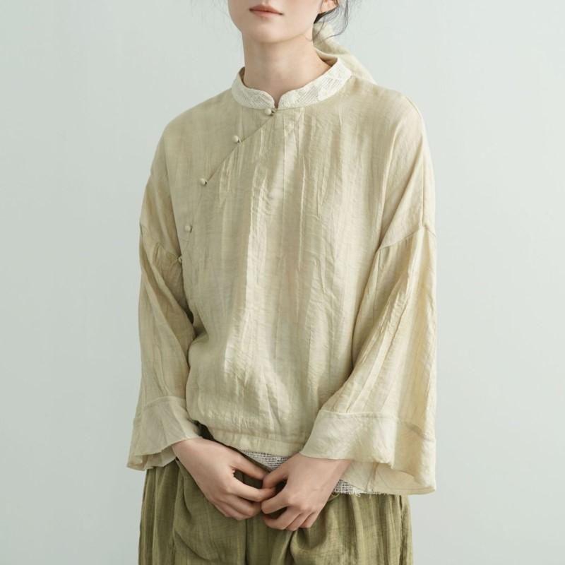 Johnature Women Vintage Shirts Tops Stand Long Sleeve Patchwork Color Blouses Spring Loose Shirts