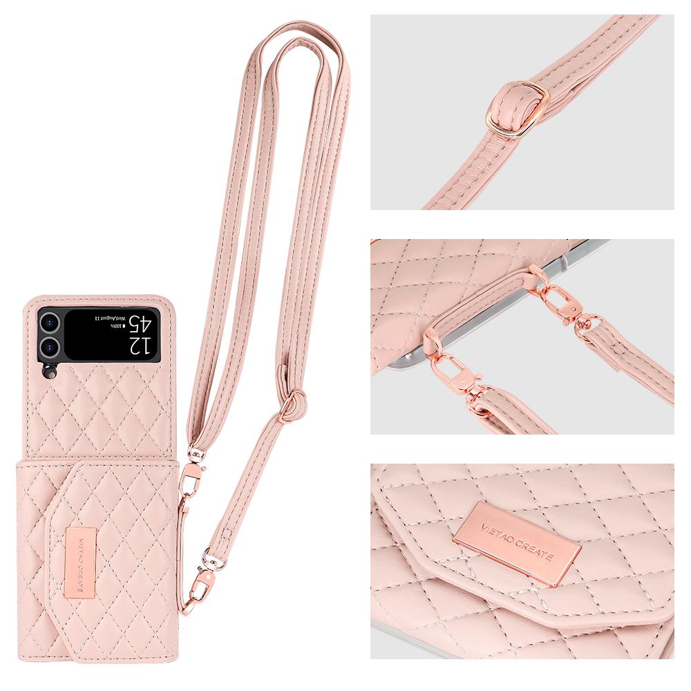 Z Flip 7 Leather Wallet Phone Cases with Cross Body Strap, Gilrs Purse Phone Case for Samsung Galaxy Z Flip 6 5 4 3, Pink