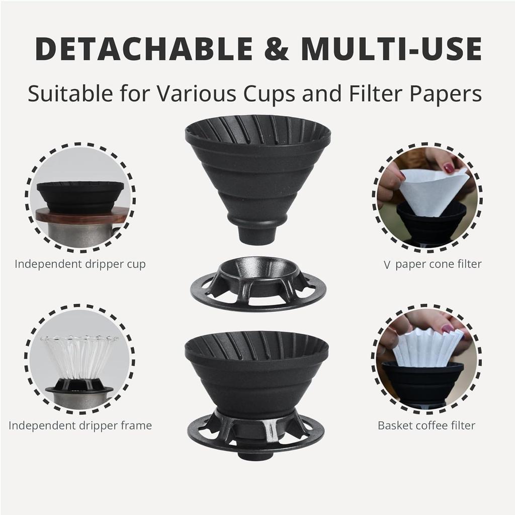 Vandroop Coffee Portable Dripper, Foldable, Reusable, Silicone, (1-2 Cups) (Black)