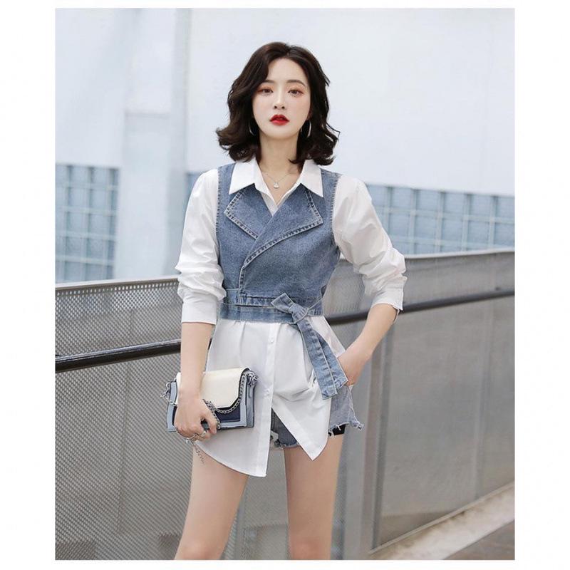 Elegant 2025 Spring/Summer Two-Piece Set: Solid Shirt + Denim Vest