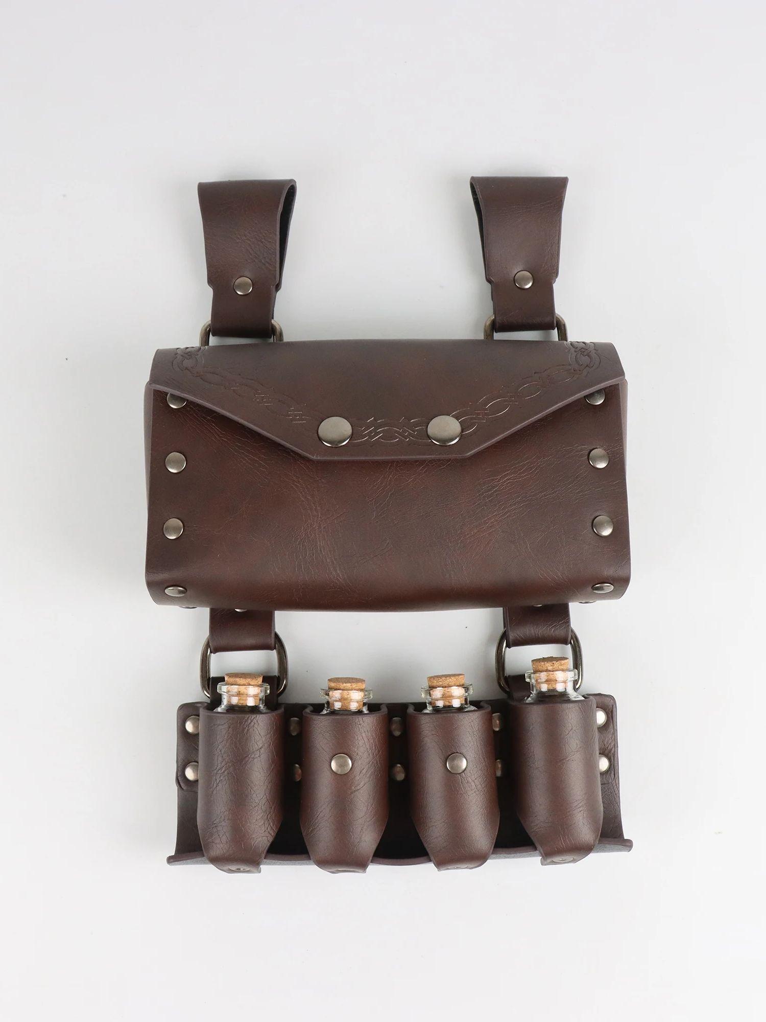 

Medieval Renaissance Retro Viking Style Handsome Waist Bag with Cork Glass Bottle Halloween Viking Warrior Magician PU Waist Bag