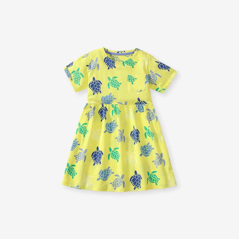 2025 summer pure Cotton cartoon print casual Dress for girl short sleeve loose Skirt cute green Girls dresses Kid Children's Clothing