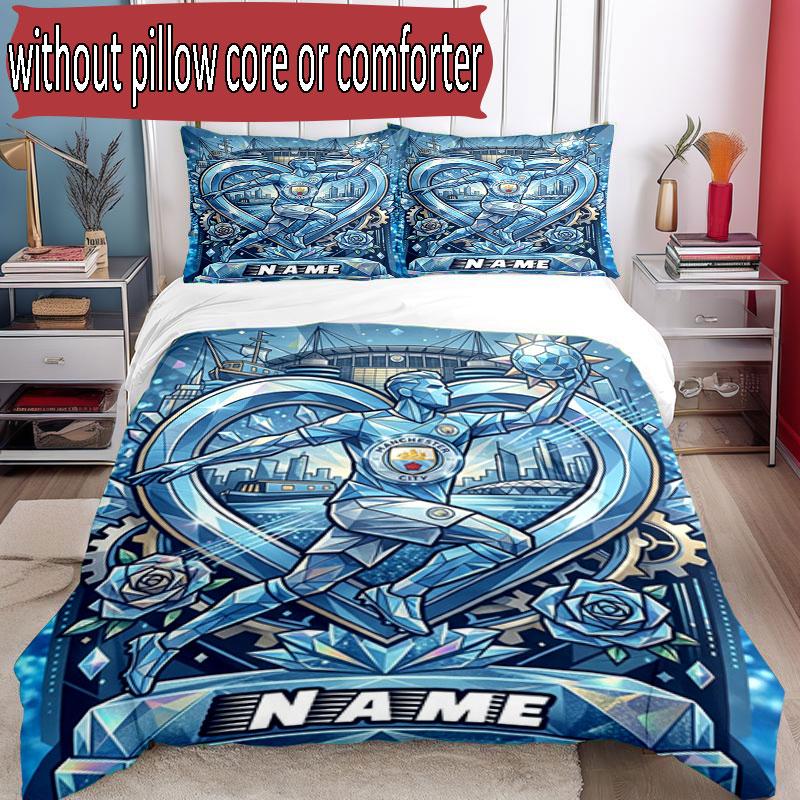 3pcs Duvet Cover Set (1*Duvet Cover + 2*Pillowcase, Without Core), Custom Name Manchester City Pattern Bedding Set, Home Bedroom Decor Gift