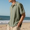 Chemise d'été à manches courtes en lin pour homme, respirante, couleur unie, col à revers, boutonnée, T-shirt ample décontracté, haut de blouse de base