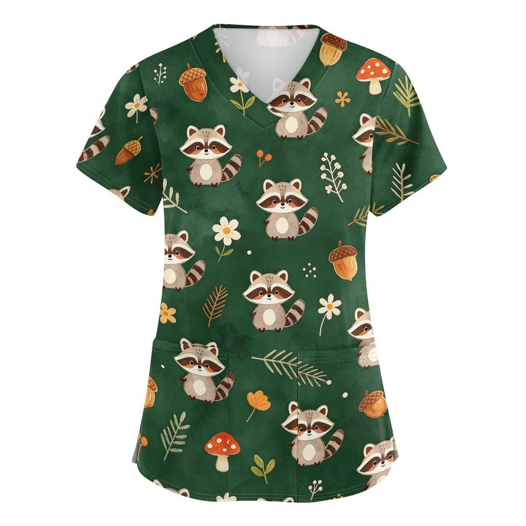 Women V Neck Short Sleeve Work Top with Pockets Animal Print Medical Uniform Scrub Shirt for Healthcare Professionals Nursing Staff