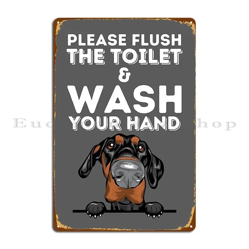 Please Flush The Toilet And Wash Your Hand Bathroom Decor Peeking Dog Metal Plaque Poster Party Club Designer Mural