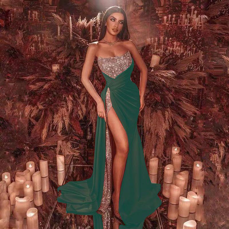 

Women Split Sexy Dress Summer Women s Dress Sequin Slit Formal Dress Long Dress Tube Top Dress Green M