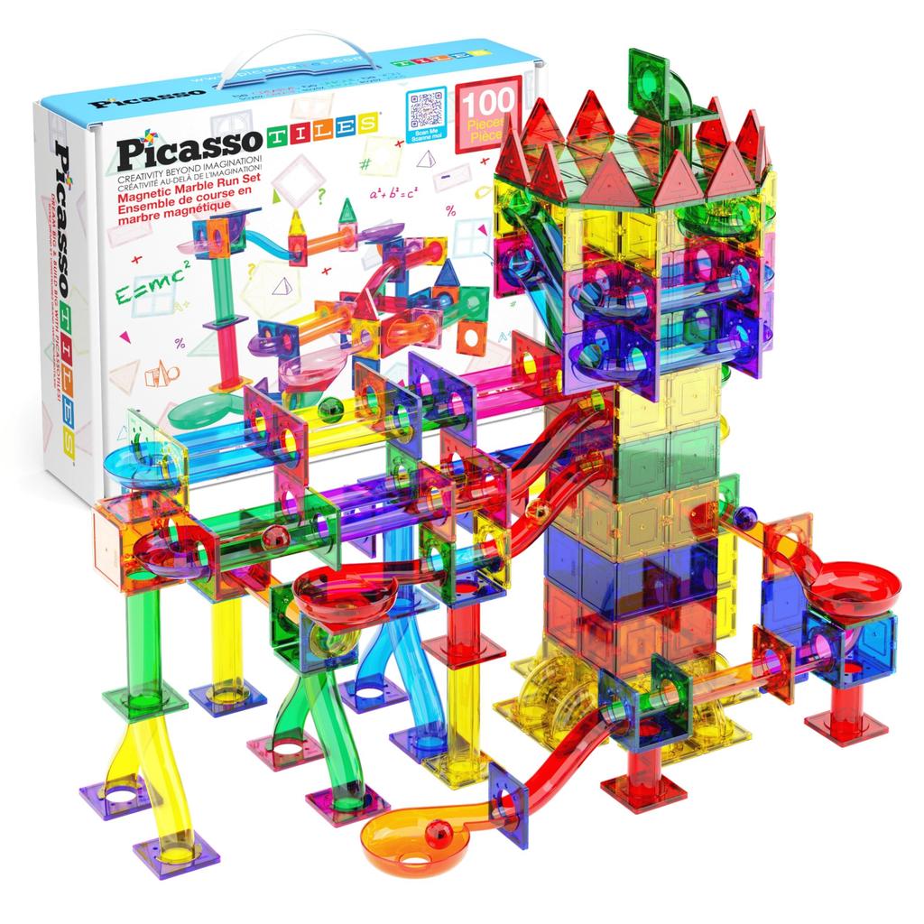 PicassoTiles Marble Run Magnetic Tiles 100 Pieces Race Track Toy STEM Building Learning Education Magnetic Building Kids Educational Kit for Boys