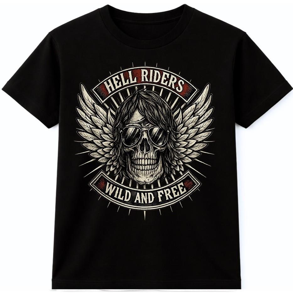 Biker T Shirt Winged Skull Wild and Free Motorcycle Hell Riders Tee S разноцветный