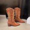 Fashion Western Embroidered Knight Boots Women's Autumn New Pointed Toe Sleeve Non-slip Block Heel Vintage Mid-leg Boots