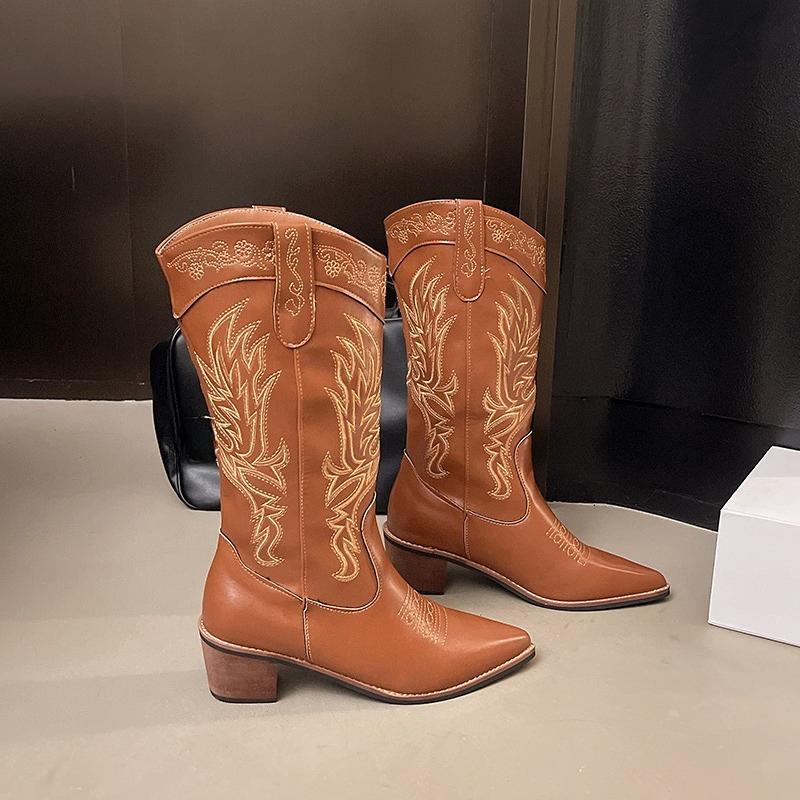 Fashion Western Embroidered Knight Boots Women's Autumn New Pointed Toe Sleeve Non-slip Block Heel Vintage Mid-leg Boots