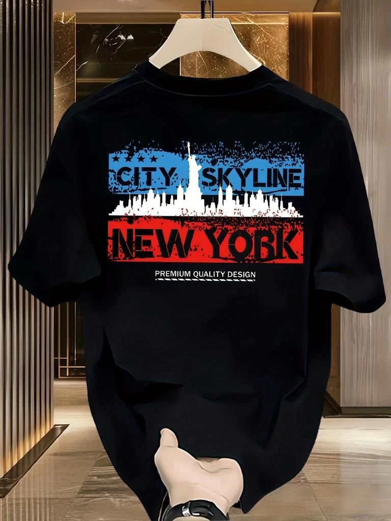 Mens Heavyweight Cotton TShirt  New York Skyline Graphic Casual Summer Short SleeveWhite with Red and Blue New York Print