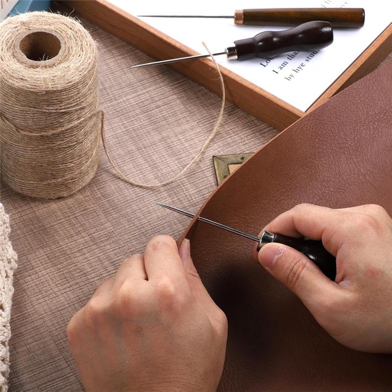 Sewing Awl Set 9 PCS Gourd Shape Wooden Handle Scratch Tool DIY Handmade Pin Punching-Needles Kit For Leather Sewing