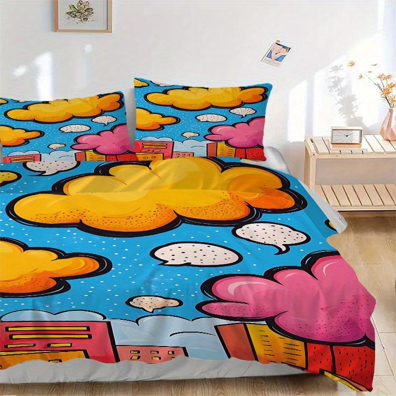 

3Pcs Comic Book Clouds Printed Bedding Set, Breathable And Soft,(Includes 1 Duvet Cover And 2 Pillowcases, Quilt Not Included) yy250815200 135x200cm