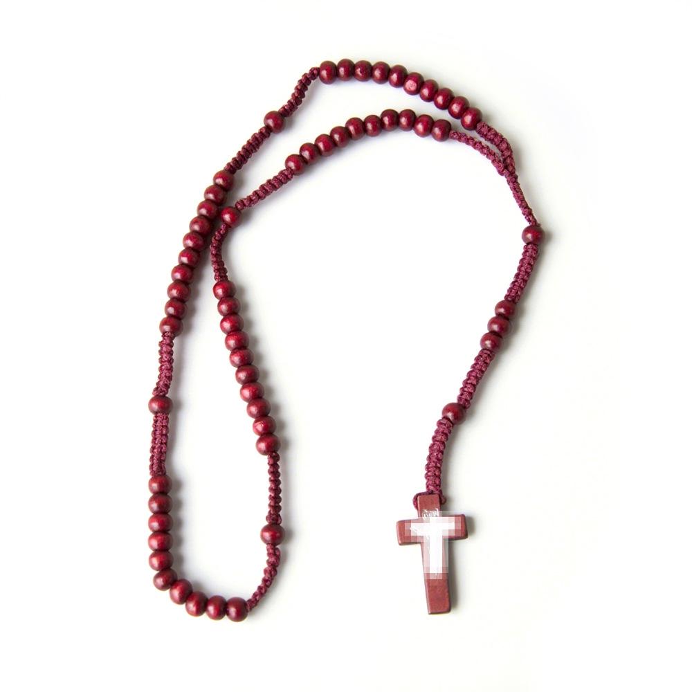 In Stock: Natural Wood Bead Cross Rosary Necklace - Hand-Woven Prayer Jewelry