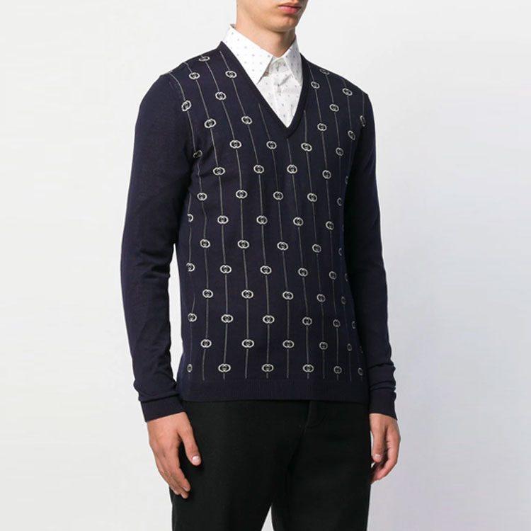 Gucci Sweaters Men's Dark Blue V Neck Moderate 576902XKAUM