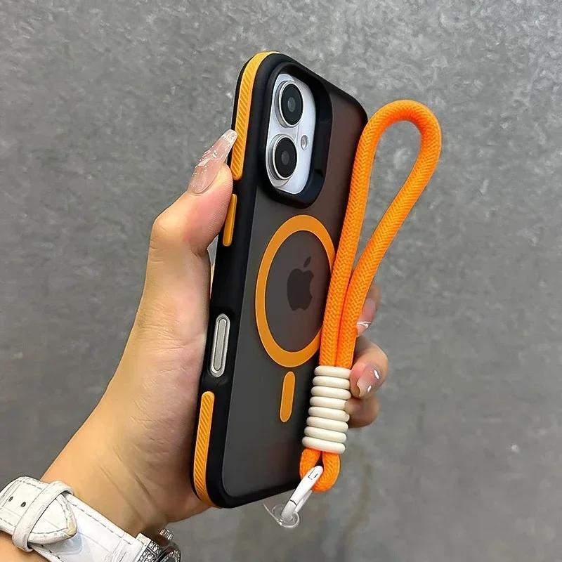 Luxury With Lanyard Magsafe Matte Phone Case For iPhone 17 16 15 14 13 12 11 17 Pro Max Air Magnetic Color Bumper Back Cover
