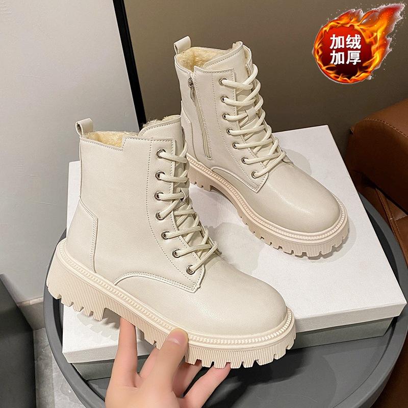Martin Boots Women's Shoes Spring and Autumn 2024 New High-top Casual Platform Short Boots Square Root Lace-up Velvet Locomotive Boots Women