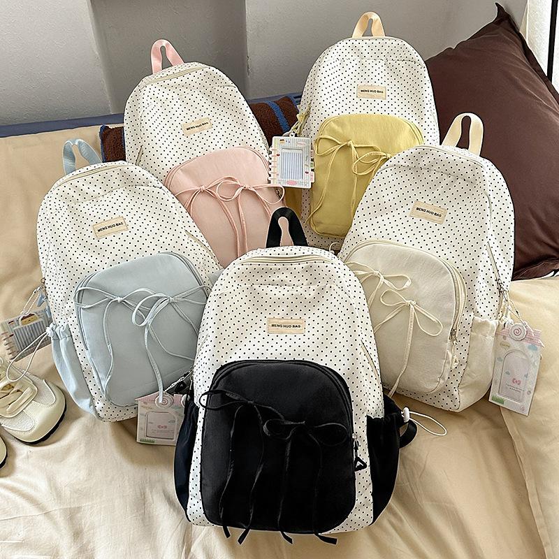 Cute Sweet Girl Backpack Female Korean College Style Bow Polka Dot Backpack Student Commuting Class Schoolbag