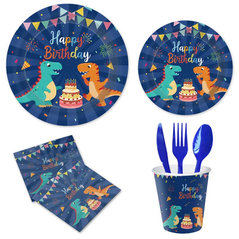 Blue Dinosaur Party Set Children'S Birthday Paper Plates Paper Cups Paper Towels Tableware Tablecloths Party Decorations