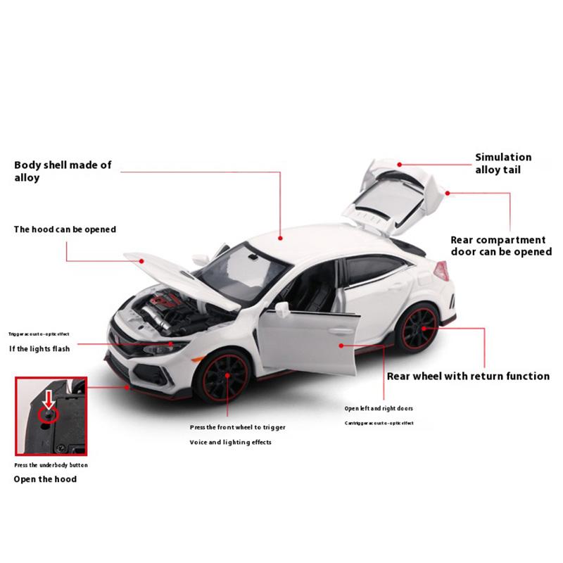 Honda Civic Type R Modellauto im Maßstab 1:32, aus Metallguss, mit Sockel, Sammlerstück, Geburtstagsgeschenk für Jungen
