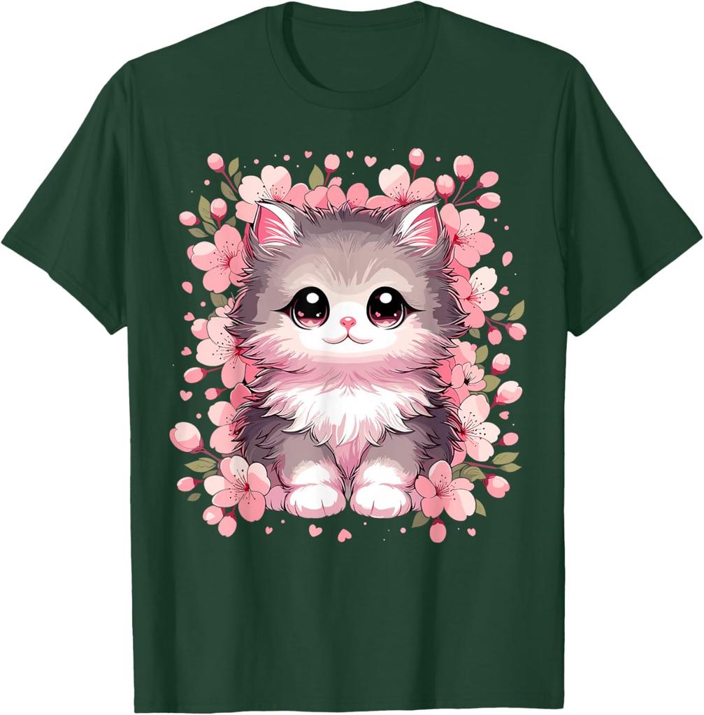 Cute Kawaii Kitten Cherry Blossoms Graphic T-Shirt Soft Cotton Casual Round Neck Tee